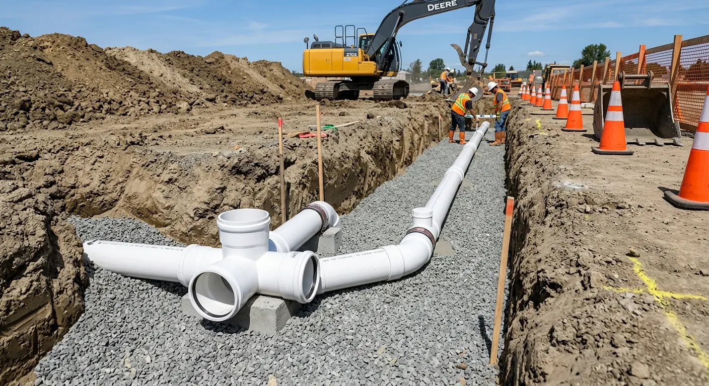 New PVC sewer pipe installation in open trench for Sewer Backup in Diamondhead