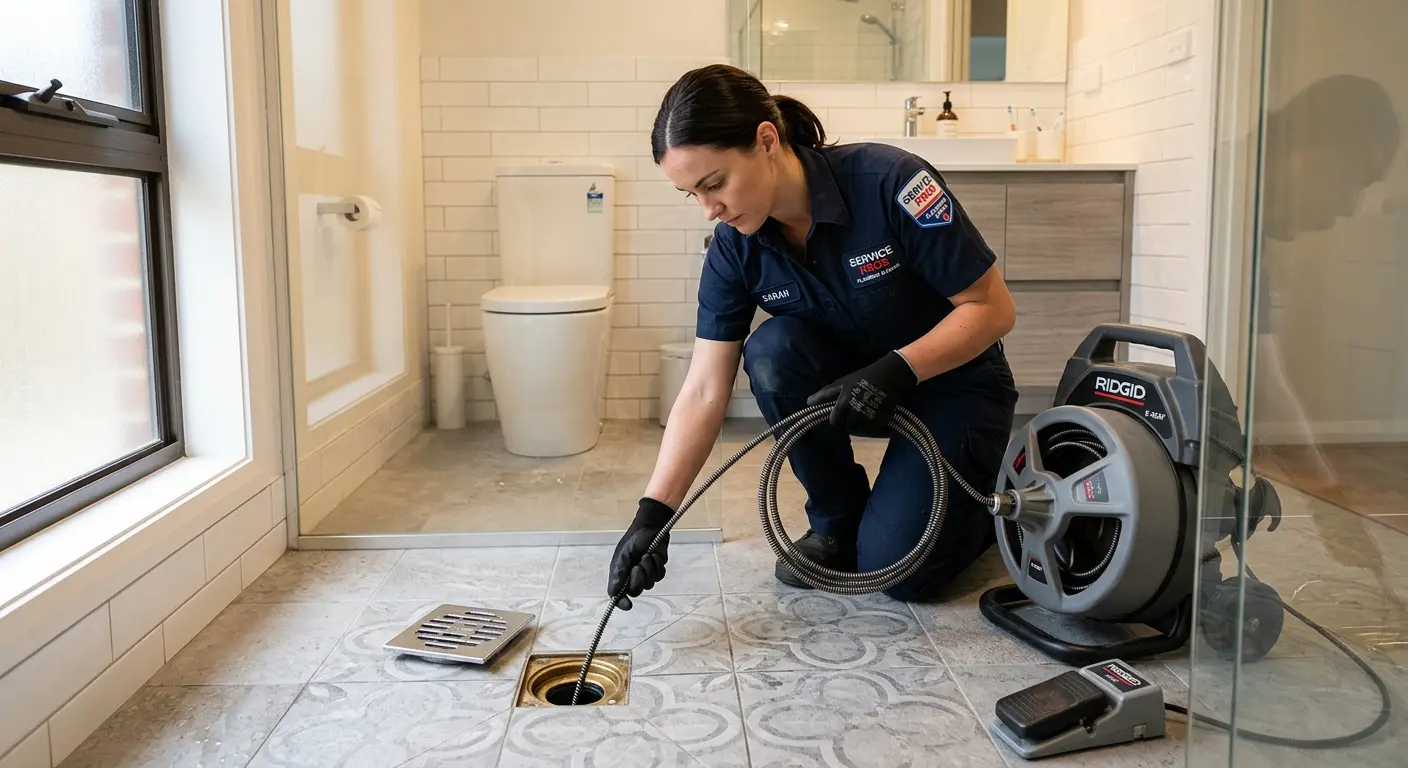 Technician clearing a bathroom floor drain for Sewer Line Replacement in Diamondhead
